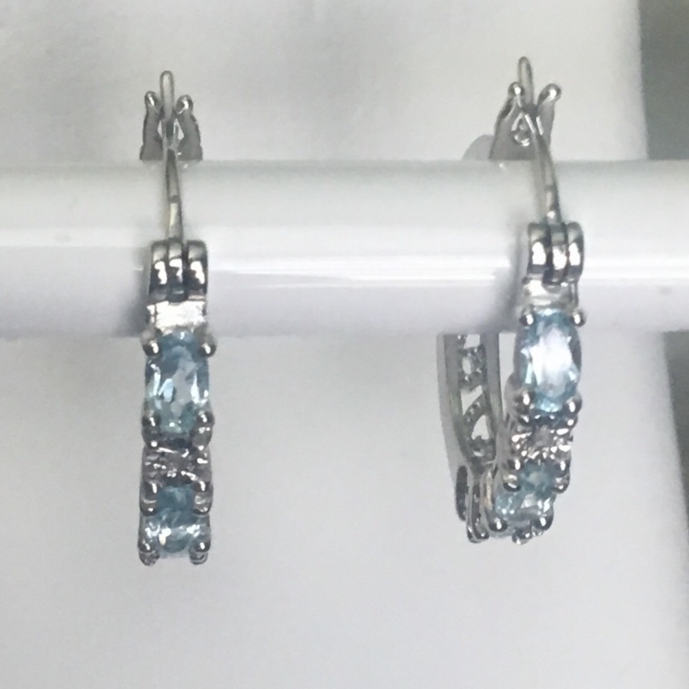 Brilliant BLUE TOPAZ & PAVE DIAMOND Silver Hoop Earrings